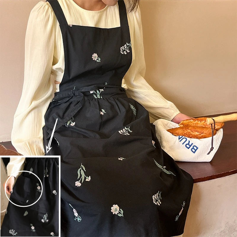 Tablier de Cuisine Brodé – Tablier Élégant Noir Beige Gris avec Broderie